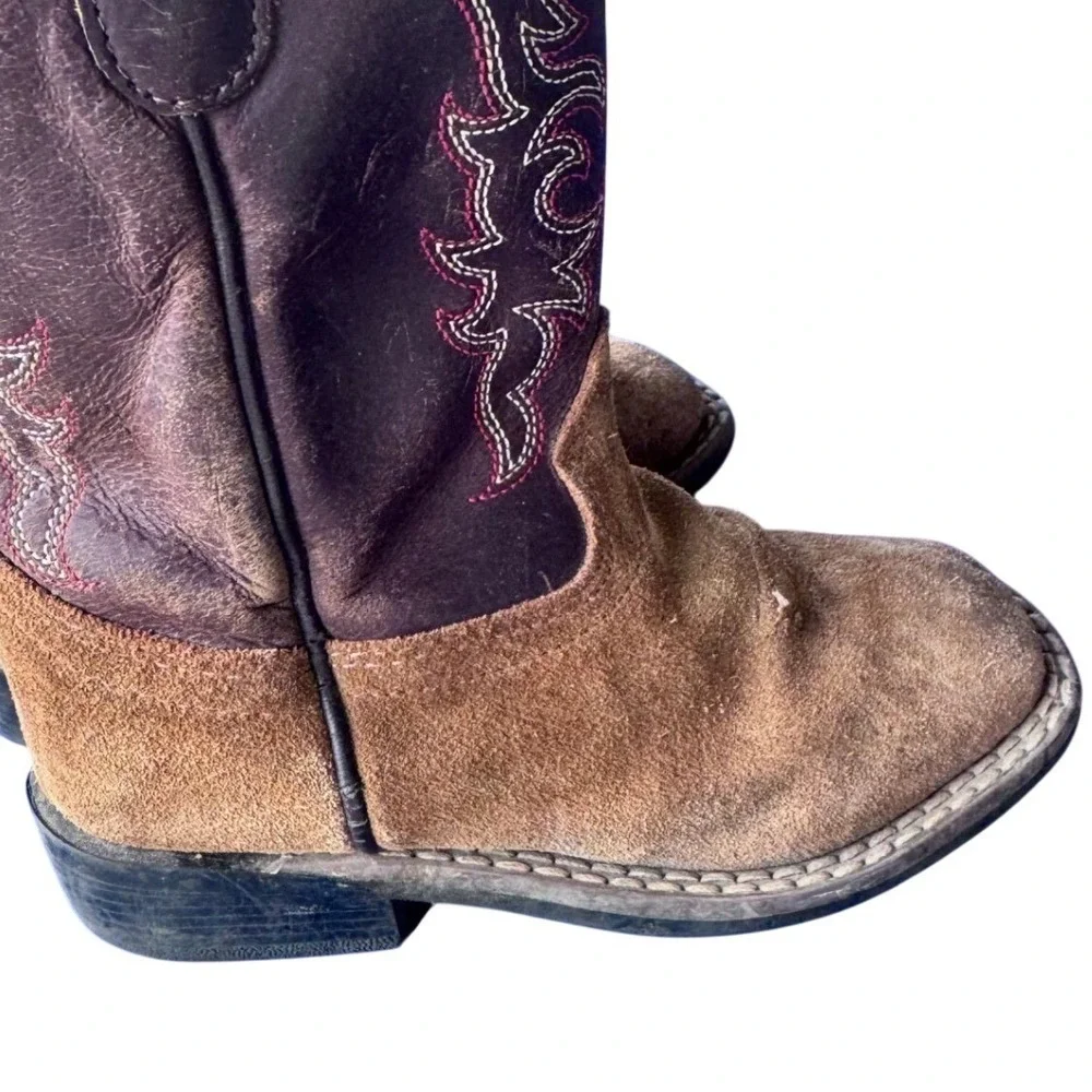 Old West Kids Cowboy Boots 8.5  Brown Leather Suede Square Toe Zip Western Rodeo